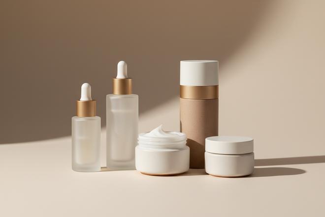 Skincare bottles and cream containers