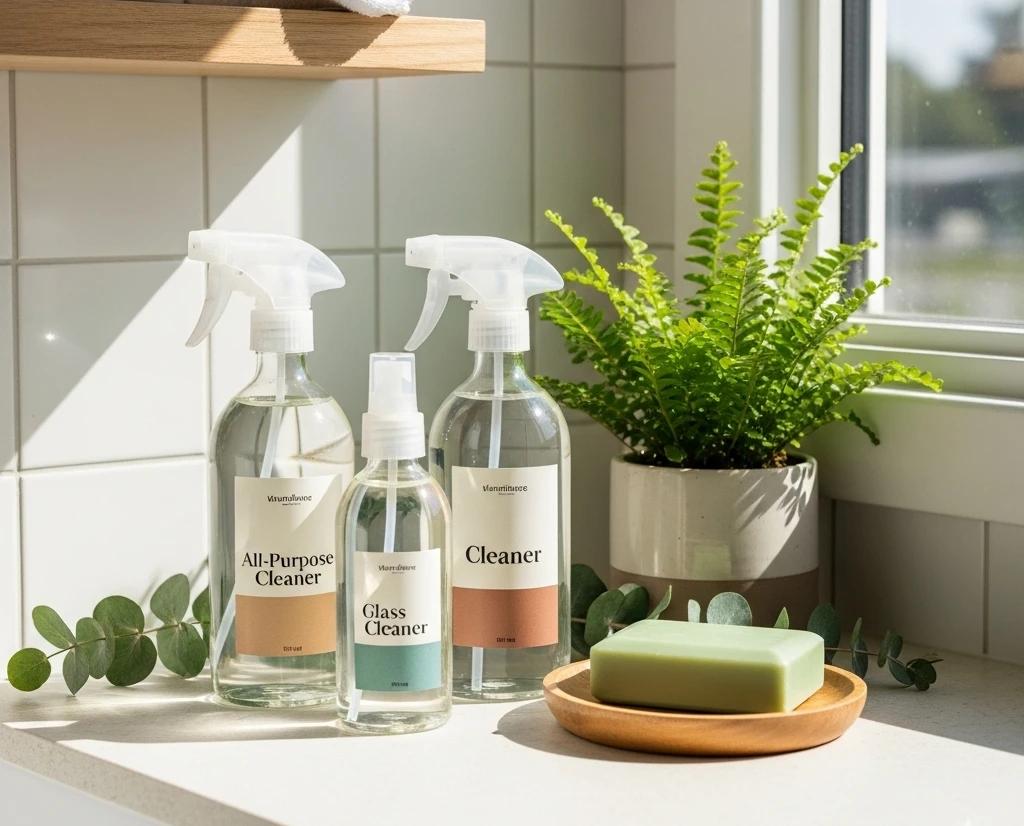 Household cleaning products and a bar of soap