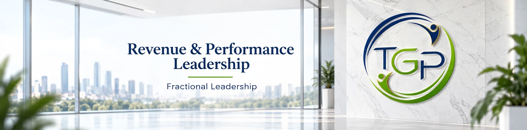 The TGP logo on a marble wall — Revenue & Performance Leadership, fractional leadership